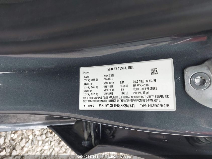 2022 TESLA MODEL 3 - 5YJ3E1EB3NF352741