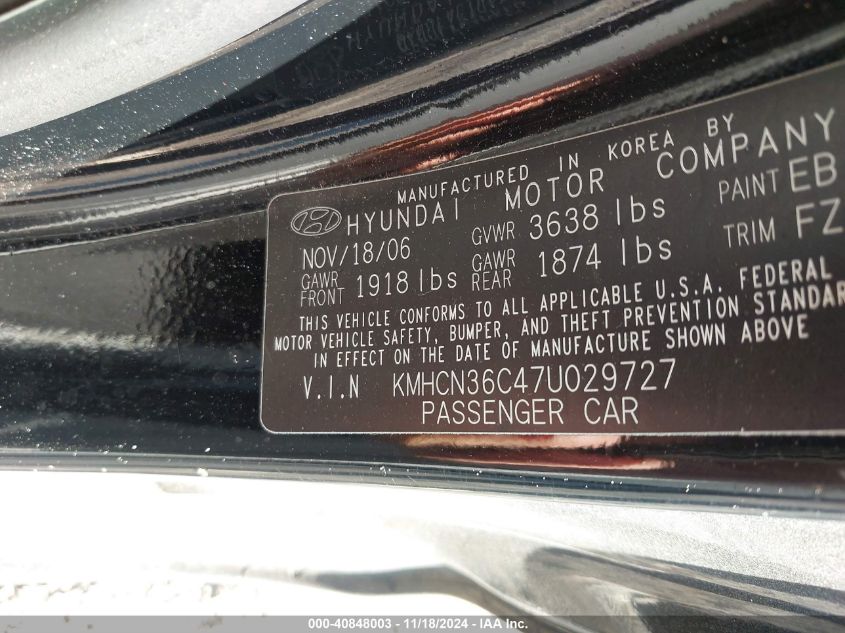 2007 Hyundai Accent Se VIN: KMHCN36C47U029727 Lot: 40848003