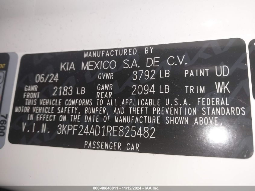 2024 Kia Forte Lx VIN: 3KPF24AD1RE825482 Lot: 40848011