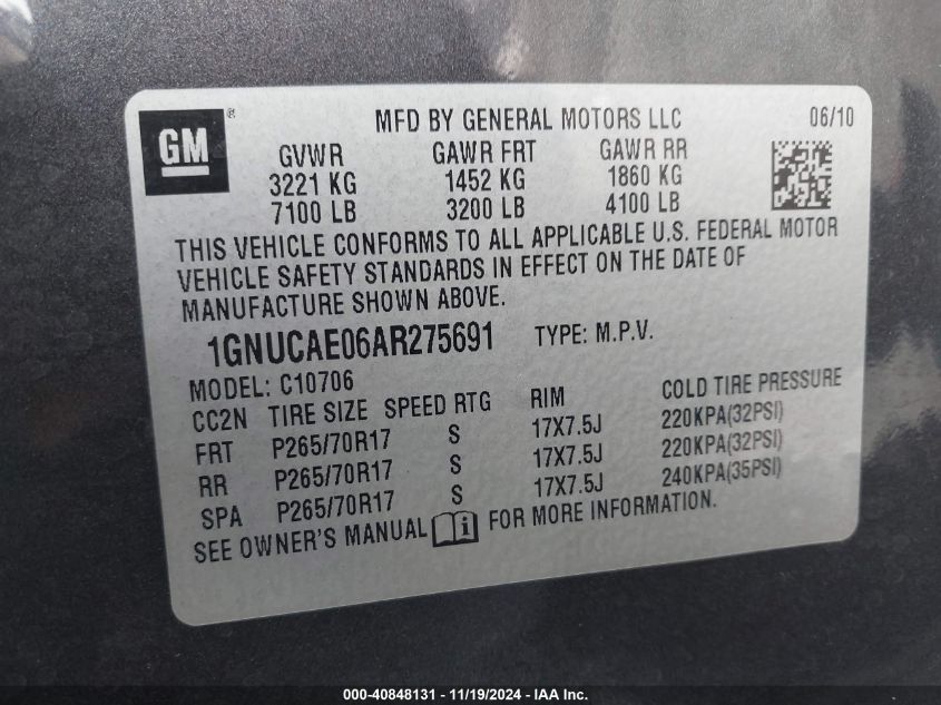 2010 Chevrolet Tahoe Ls VIN: 1GNUCAE06AR275691 Lot: 40848131