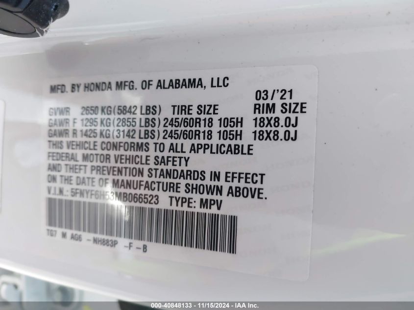 VIN 5FNYF6H53MB066523 2021 Honda Pilot, Awd Ex-L no.9