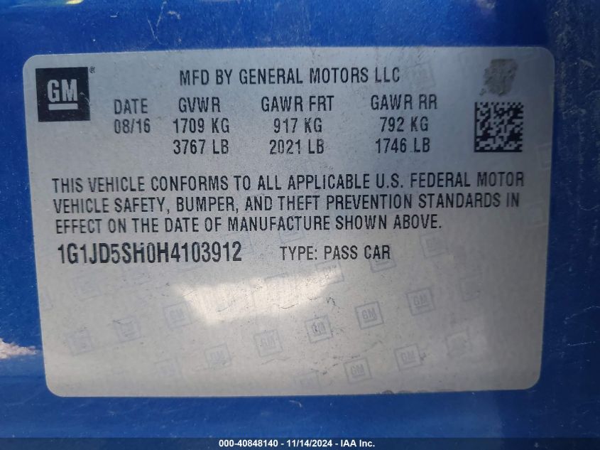 2017 CHEVROLET SONIC LT AUTO - 1G1JD5SH0H4103912