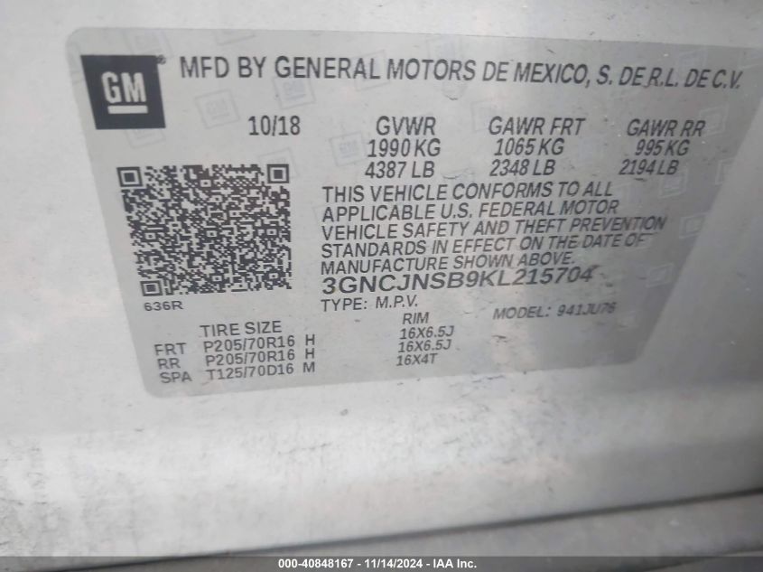 2019 CHEVROLET TRAX LS - 3GNCJNSB9KL215704