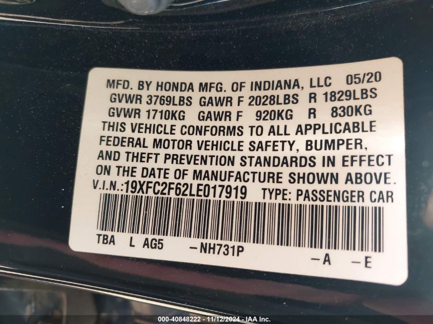 2020 Honda Civic Lx VIN: 19XFC2F62LE017919 Lot: 40848222