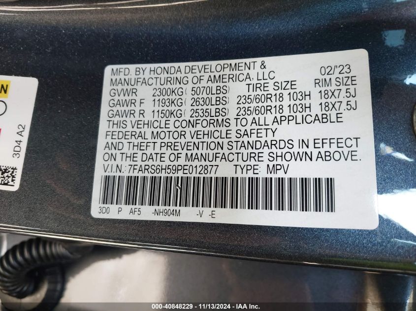 2023 Honda Cr-V Hybrid Sport VIN: 7FARS6H59PE012877 Lot: 40848229