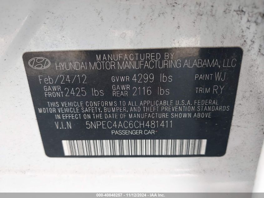 2012 Hyundai Sonata Se VIN: 5NPEC4AC6CH481411 Lot: 40848257