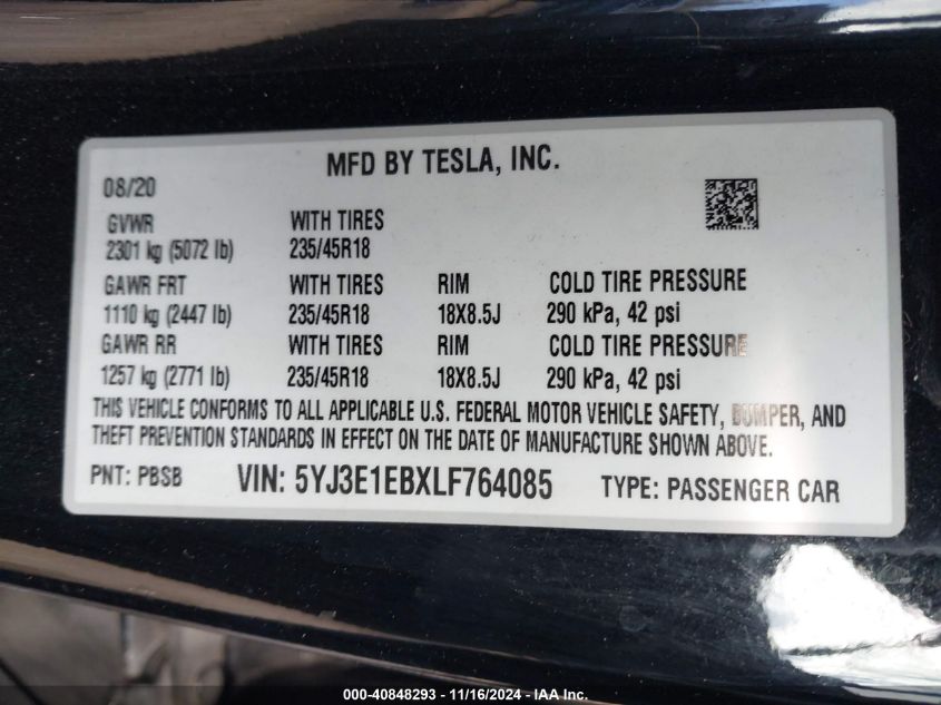 2020 Tesla Model 3 Long Range Dual Motor All-Wheel Drive VIN: 5YJ3E1EBXLF764085 Lot: 40848293