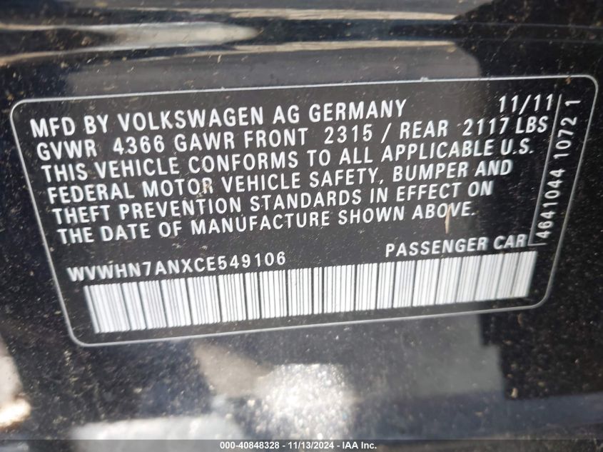 2012 Volkswagen Cc Lux Plus VIN: WVWHN7ANXCE549106 Lot: 40848328