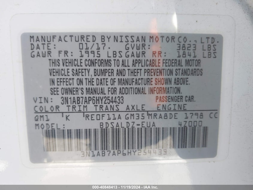 2017 NISSAN SENTRA SV - 3N1AB7AP6HY254433