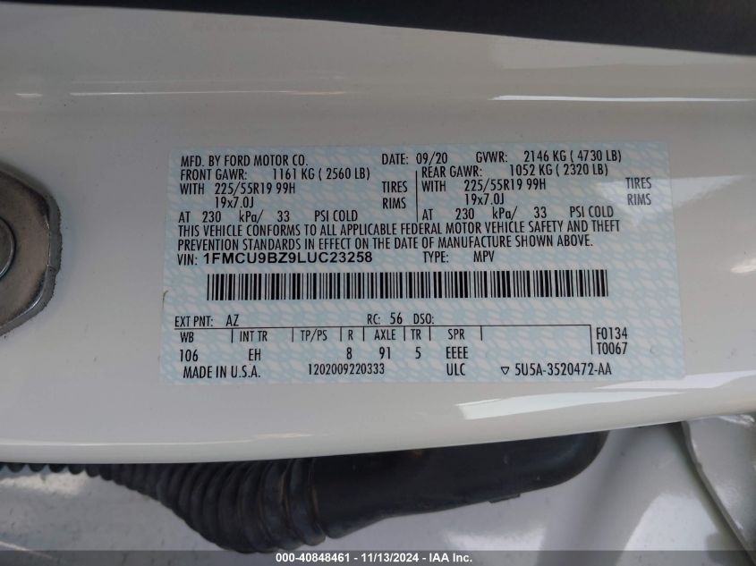 VIN 1FMCU9BZ9LUC23258 2020 FORD ESCAPE SE SPORT HYBRID