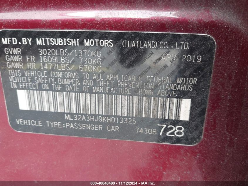 2019 Mitsubishi Mirage Rf VIN: ML32A3HJ9KH013325 Lot: 40848499