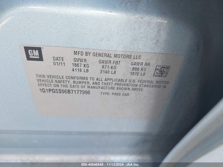 2011 Chevrolet Cruze 2Lt VIN: 1G1PG5S96B7177996 Lot: 40848545