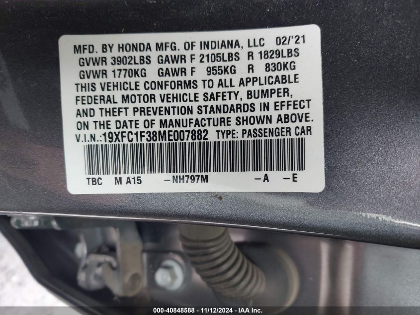 2021 Honda Civic Ex VIN: 19XFC1F38ME007882 Lot: 40848588