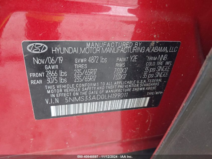 2020 Hyundai Santa Fe Sel VIN: 5NMS33AD0LH199011 Lot: 40848597