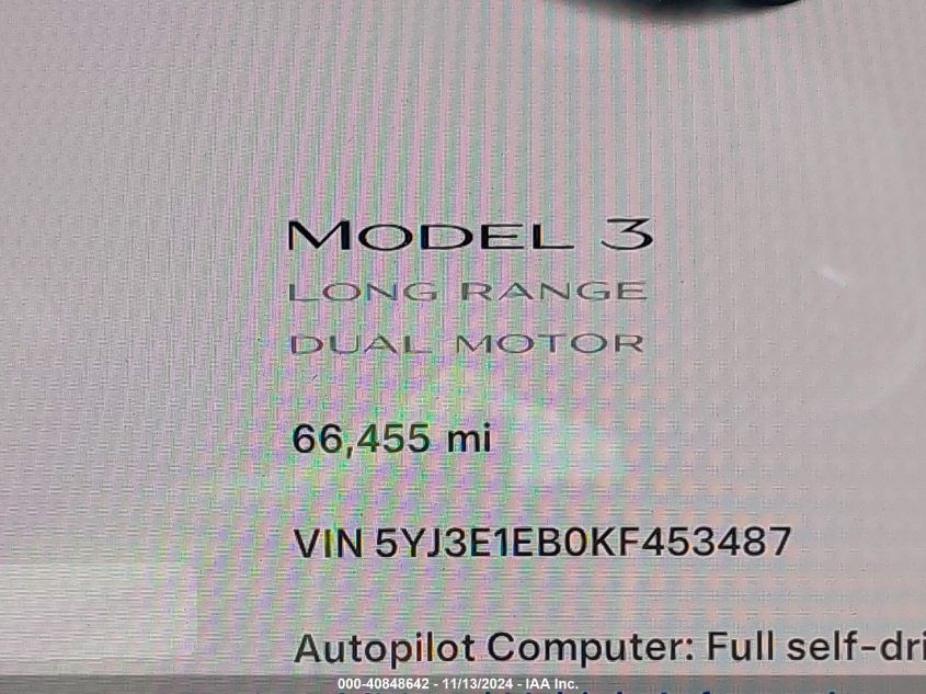 2019 Tesla Model 3 Long Range/Performance VIN: 5YJ3E1EB0KF453487 Lot: 40848642