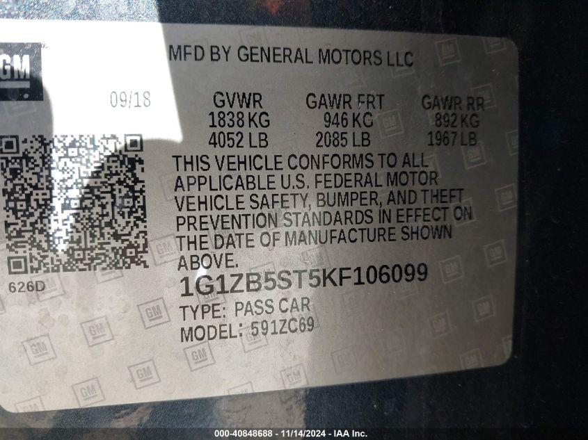 2019 CHEVROLET MALIBU VIN: 1G1ZB5ST5KF106099