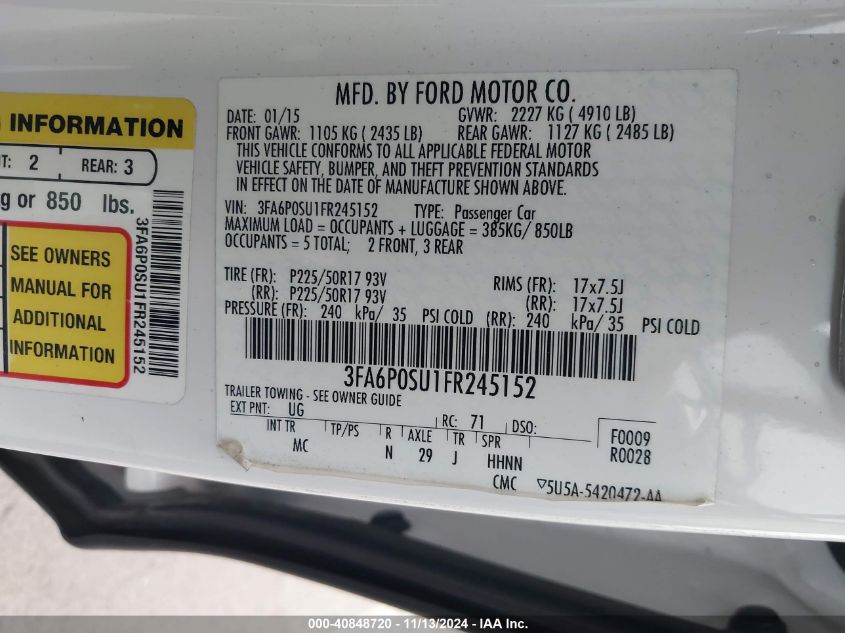 2015 Ford Fusion Energi Titanium VIN: 3FA6P0SU1FR245152 Lot: 40848720