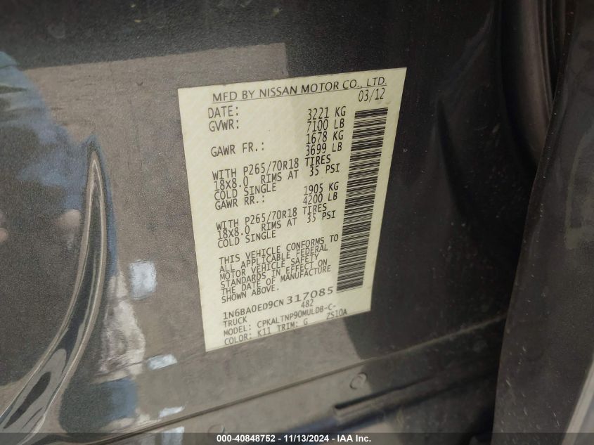 2012 NISSAN TITAN VIN: 1N6BA0ED9CN317085