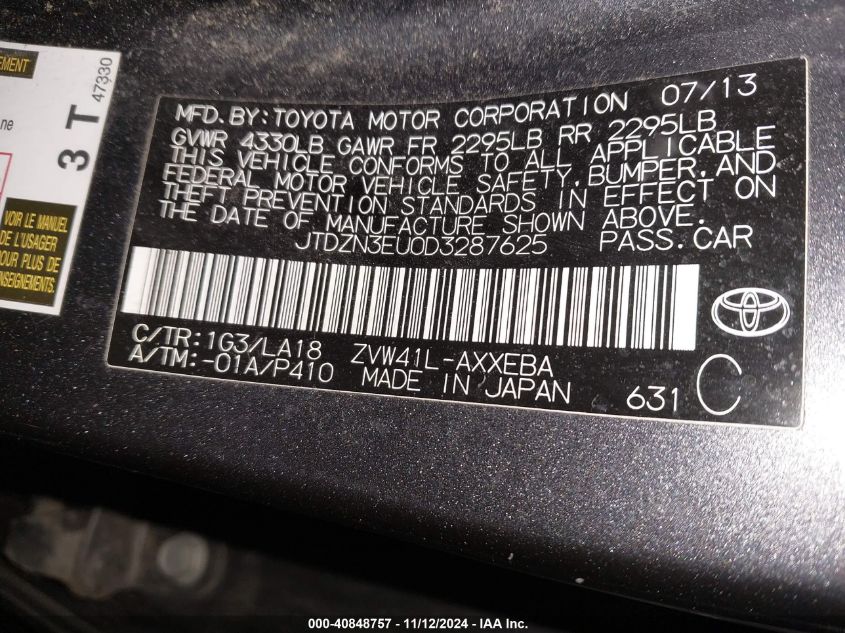 2013 Toyota Prius V Five VIN: JTDZN3EU0D3287625 Lot: 40848757