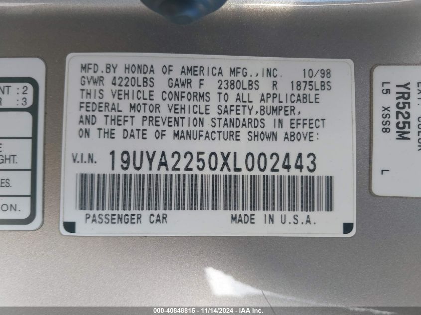 1999 Acura Cl 3.0 VIN: 19UYA2250XL002443 Lot: 40848815