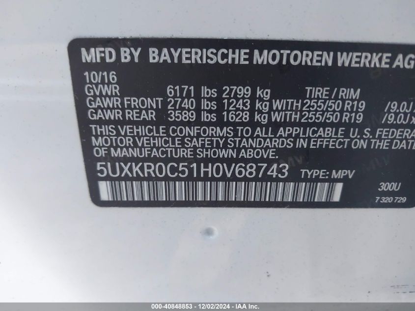 VIN 5UXKR0C51H0V68743 2017 BMW X5, Xdrive35I no.9