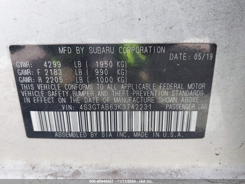 2019 SUBARU IMPREZA VIN: 4S3GTAB63K3742231