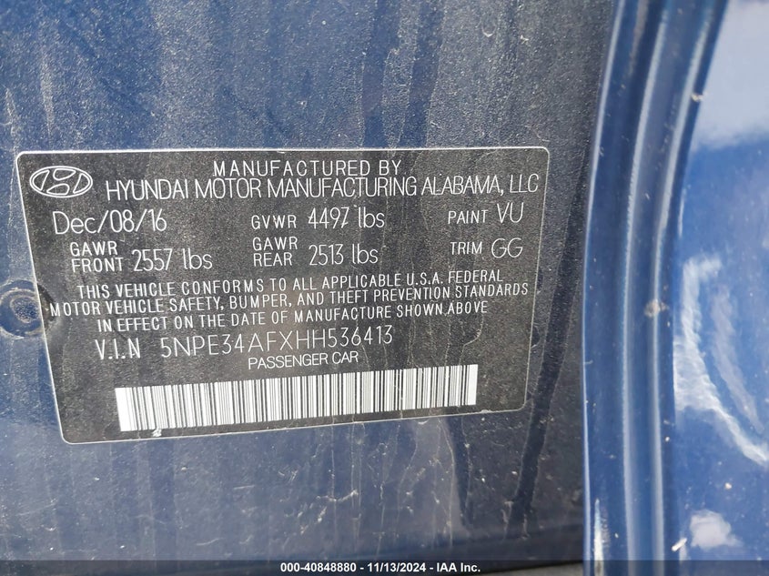 VIN 5NPE34AFXHH536413 2017 HYUNDAI SONATA SPORT