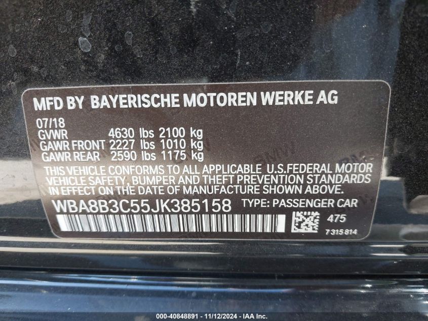 2018 BMW 340I VIN: WBA8B3C55JK385158