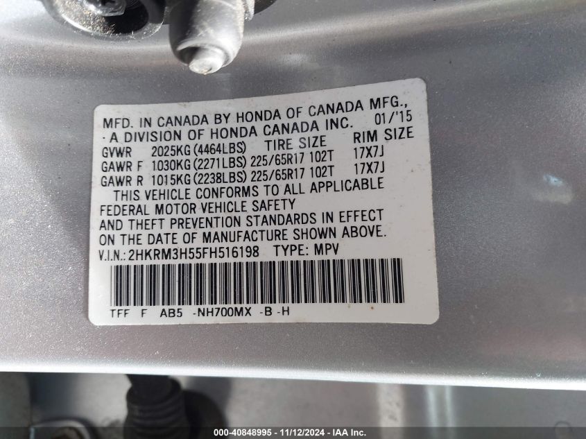 VIN 2HKRM3H55FH516198 2015 Honda CR-V, EX no.9