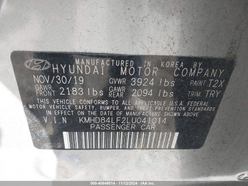 2020 Hyundai Elantra Sel VIN: KMHD84LF2LU041014 Lot: 40849014