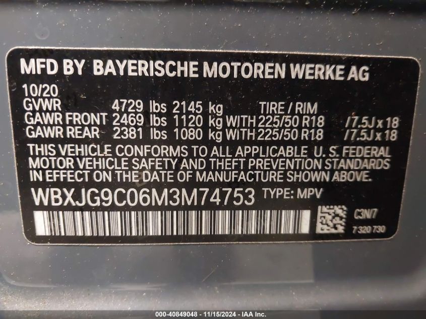 2021 BMW X1 xDrive28I VIN: WBXJG9C06M3M74753 Lot: 40849048