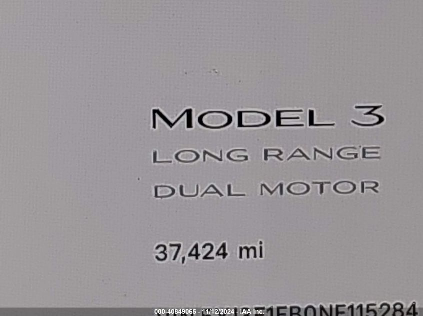 2022 Tesla Model 3 Long Range Dual Motor All-Wheel Drive VIN: 5YJ3E1EB0NF115284 Lot: 40849065