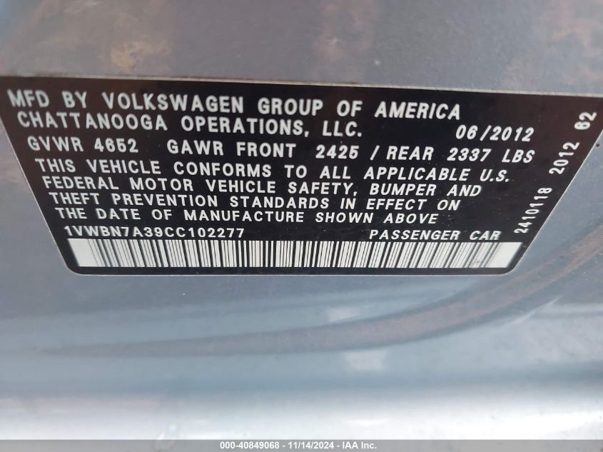 2012 Volkswagen Passat 2.0L Tdi Se VIN: 1VWBN7A39CC102277 Lot: 40849068