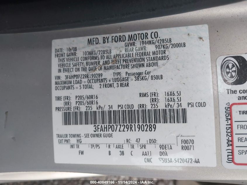 2009 Ford Fusion Se VIN: 3FAHP07Z29R190289 Lot: 40849166