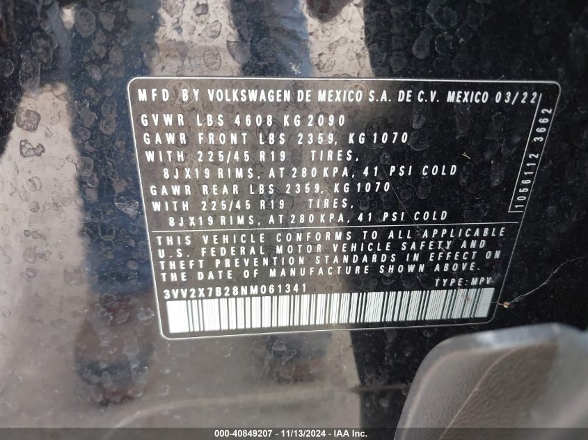 2022 Volkswagen Taos 1.5T Sel VIN: 3VV2X7B28NM061341 Lot: 40849207