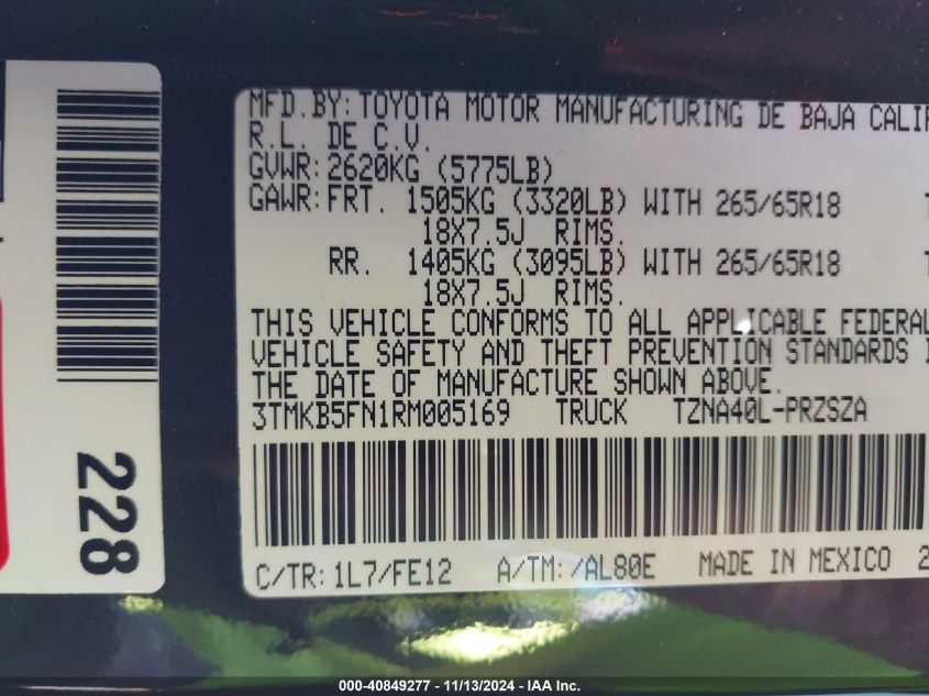 2024 Toyota Tacoma Trd Sport VIN: 3TMKB5FN1RM005169 Lot: 40849277