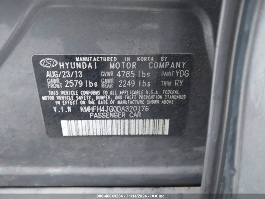 2013 HYUNDAI AZERA KMHFH4JG0DA320176