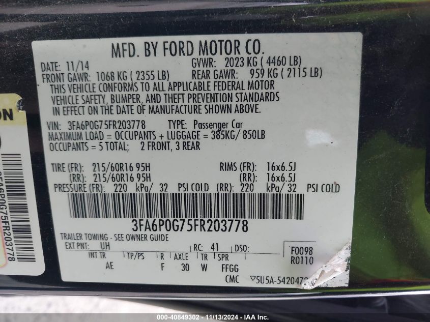 2015 Ford Fusion S VIN: 3FA6P0G75FR203778 Lot: 40849302