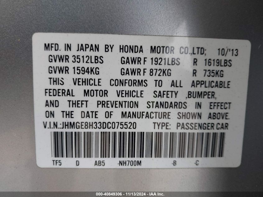 2013 Honda Fit VIN: JHMGE8H33DC075520 Lot: 40849306