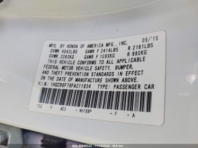 2015 HONDA ACCORD HYBRID VIN: 1HGCR6F79FA011934