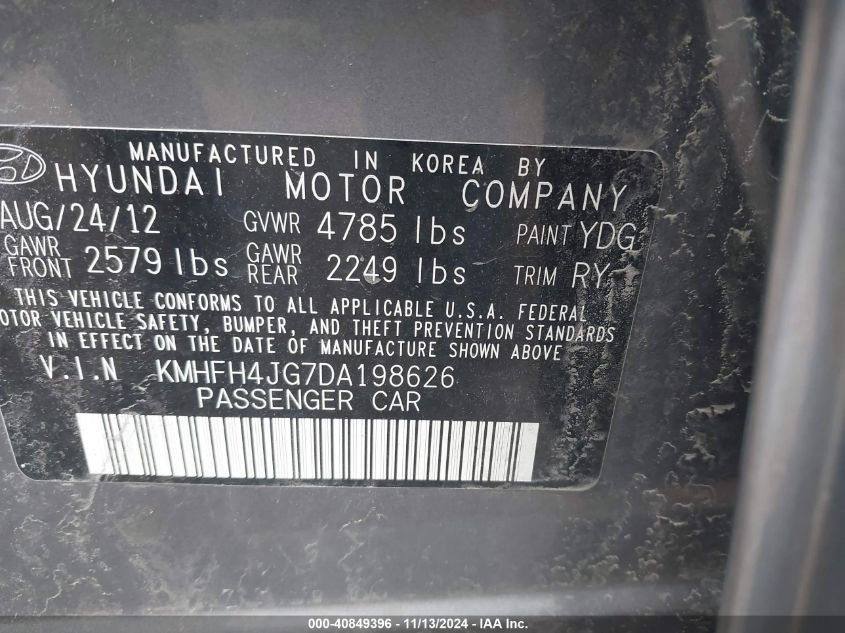 2013 HYUNDAI AZERA KMHFH4JG7DA198626