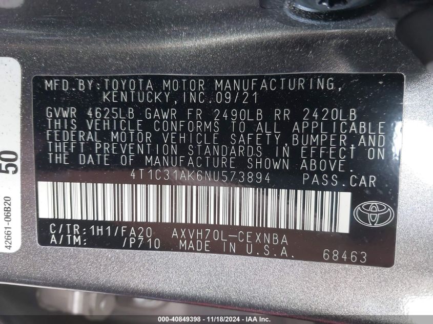 VIN 4T1C31AK6NU573894 2022 Toyota Camry, Le Hybrid no.9