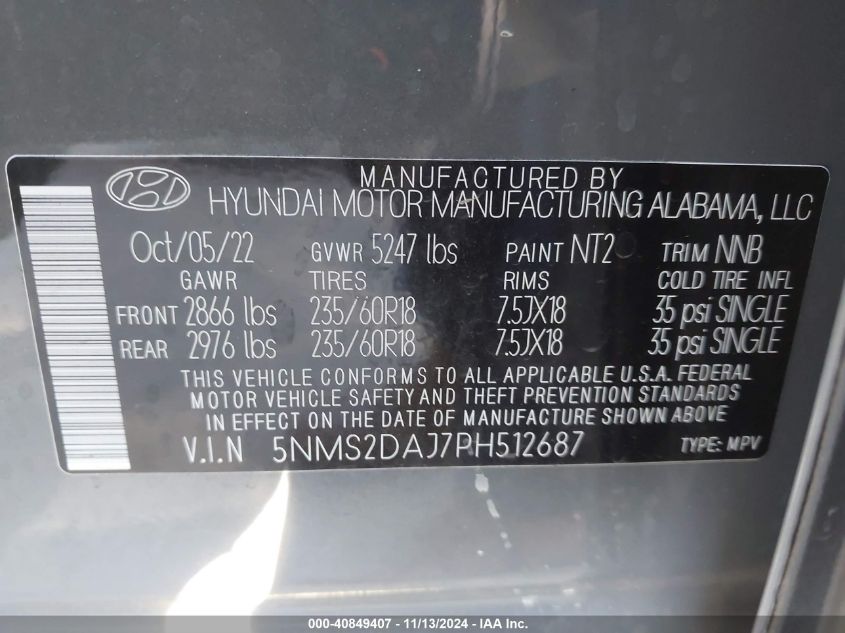 2023 Hyundai Santa Fe Sel VIN: 5NMS2DAJ7PH512687 Lot: 40849407