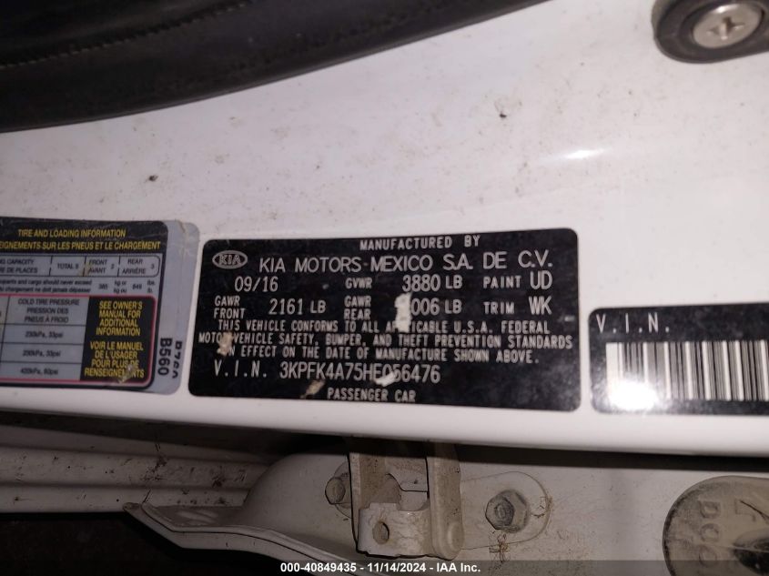 2017 KIA FORTE VIN: 3KPFK4A75HE056476