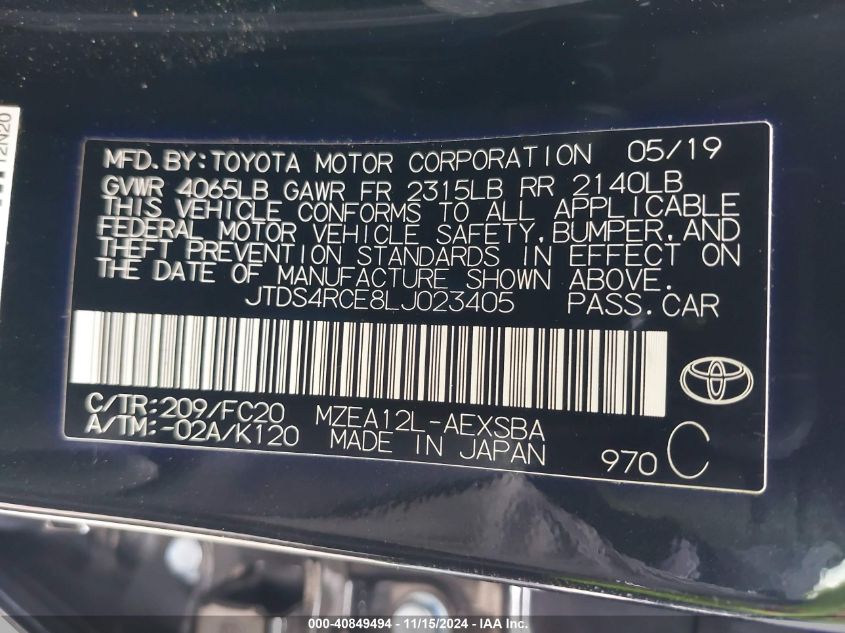 2020 Toyota Corolla Se VIN: JTDS4RCE8LJ023405 Lot: 40849494