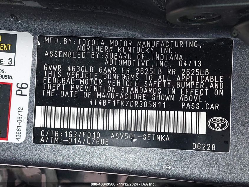 VIN 4T4BF1FK7DR305811 2013 Toyota Camry, LE no.9