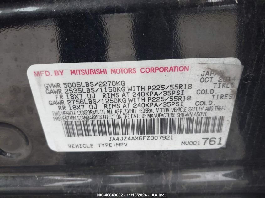 2015 Mitsubishi Outlander Gt VIN: JA4JZ4AX6FZ007921 Lot: 40849602