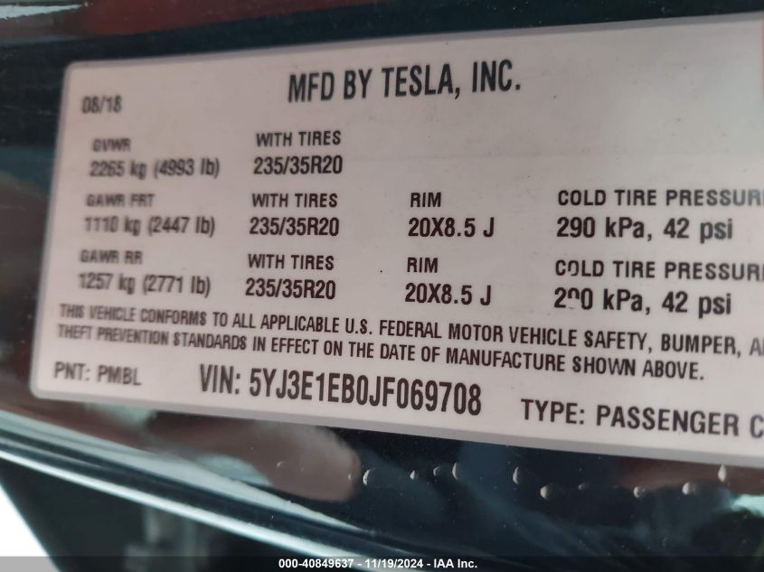 VIN 5YJ3E1EB0JF069708 2018 Tesla Model 3, Long Rang... no.9