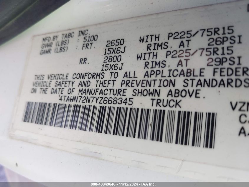 2000 Toyota Tacoma Base V6 VIN: 4TAWN72N7YZ668345 Lot: 40849646