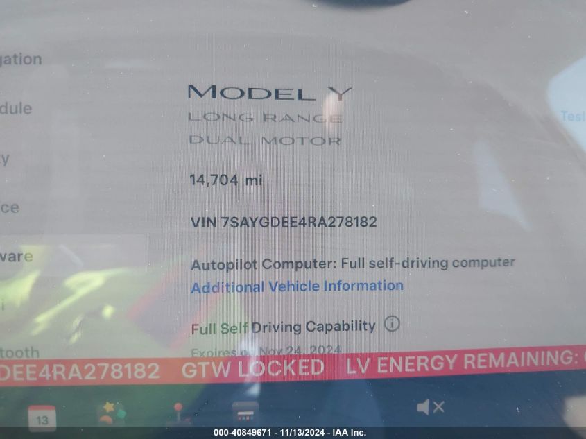 2024 Tesla Model Y Long Range Dual Motor All-Wheel Drive VIN: 7SAYGDEE4RA278182 Lot: 40849671